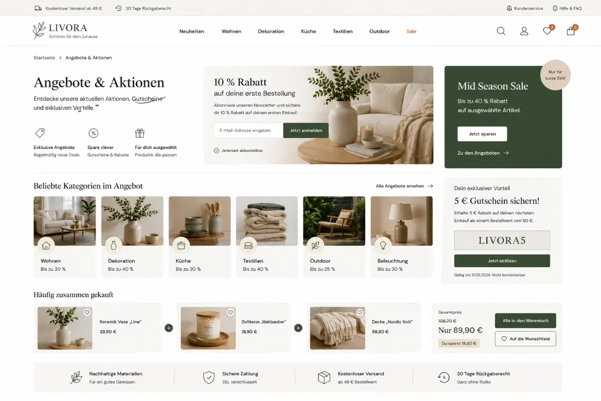Aktionen, Gutscheine und Upsells