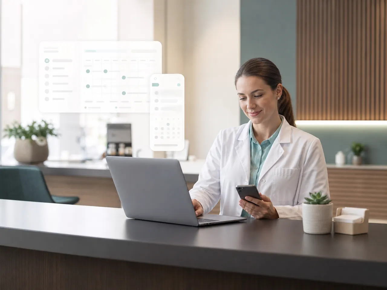 Ärztin in einer modernen Praxis nutzt Laptop und Smartphone für digitale Patientenwege