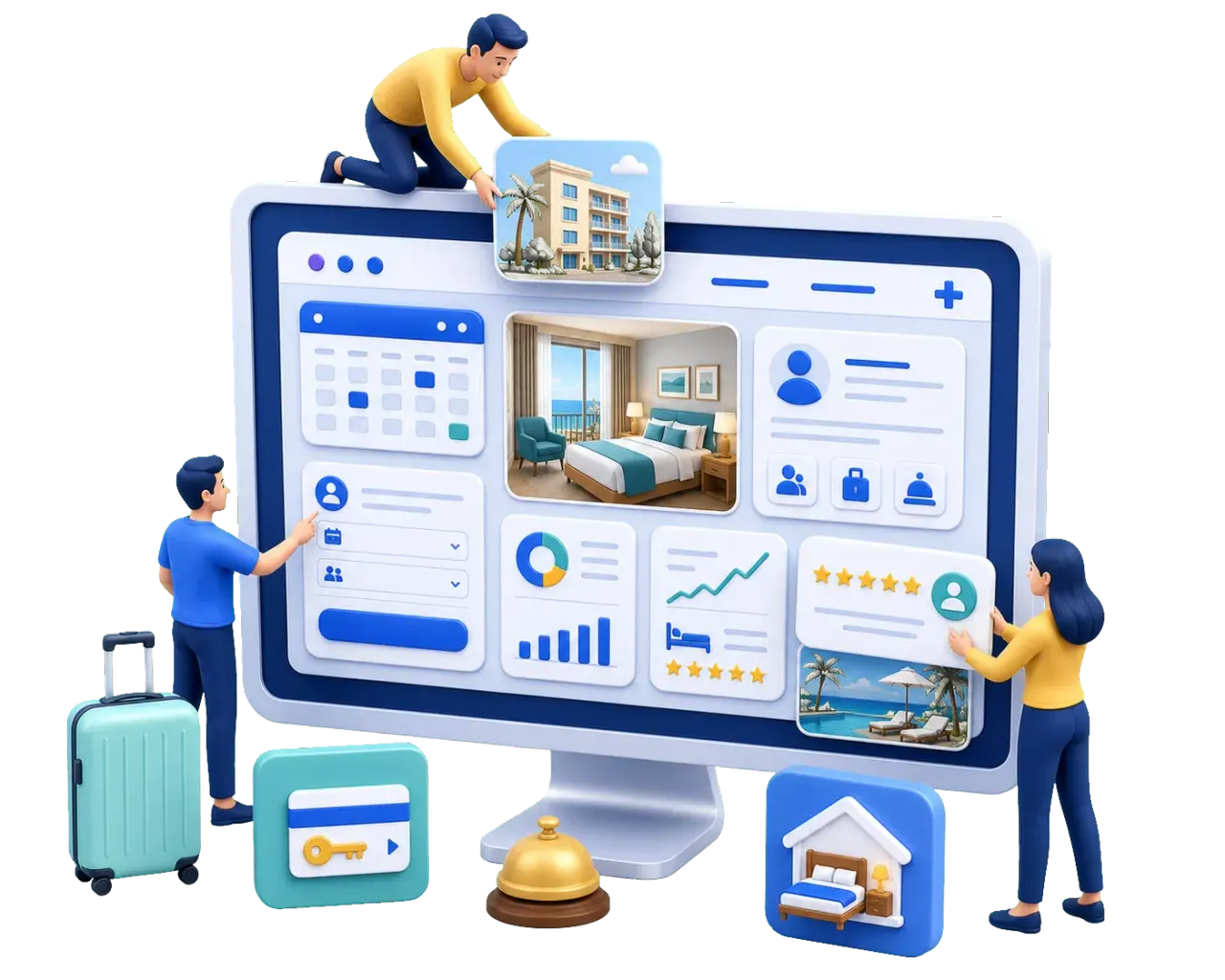 Illustration einer digitalen Website-Lösung für Hotels und Ferienunterkünfte