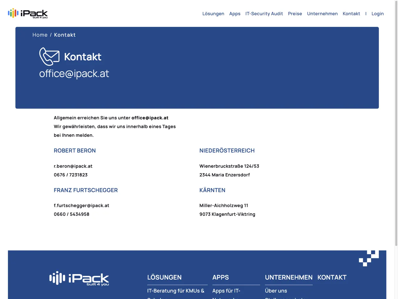 Kontaktseite mit Ansprechpartnern und Standorten
