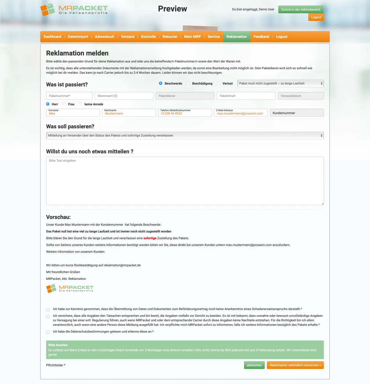 Reklamation melden mit Vorschau und Pflichtangaben