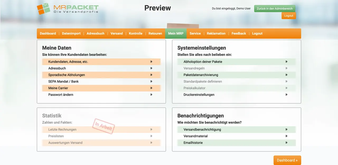 Mein MRP mit Kundendaten, Systemeinstellungen und Benachrichtigungen