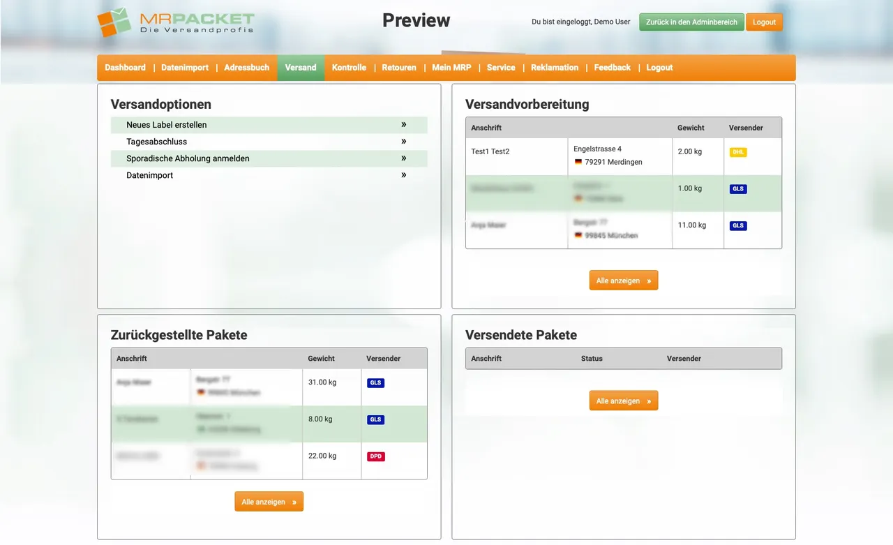 Versandübersicht mit Carrier-Auswahl und Paketstatus