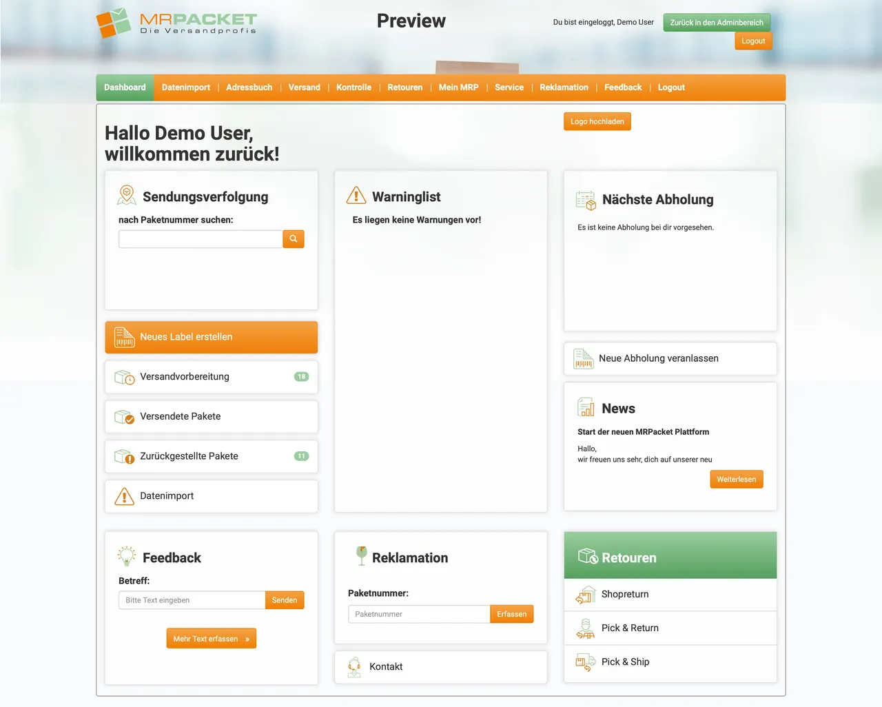 Dashboard mit Tracking, Warnungen, Abholung und Retouren