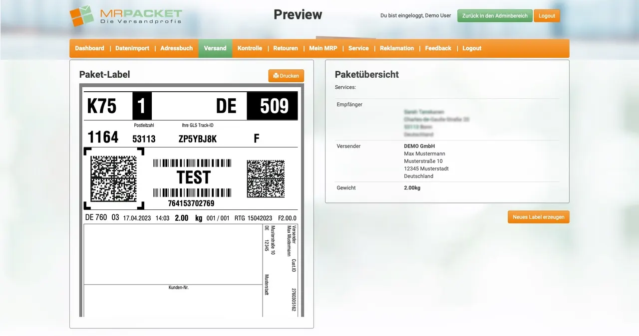 Generiertes Paketlabel mit Paketübersicht