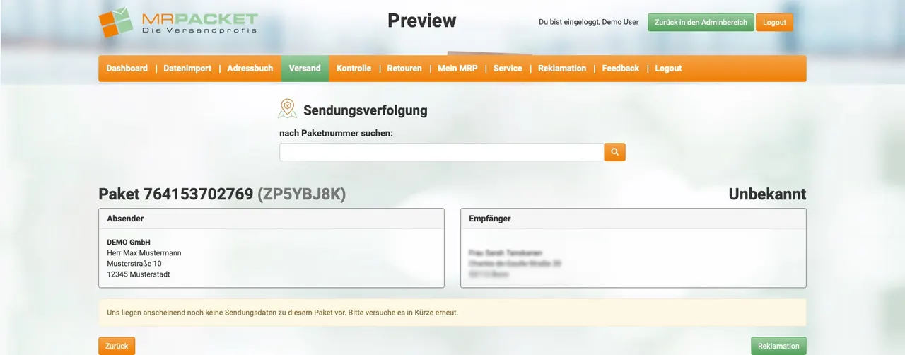 Sendungsverfolgung nach Paketnummer