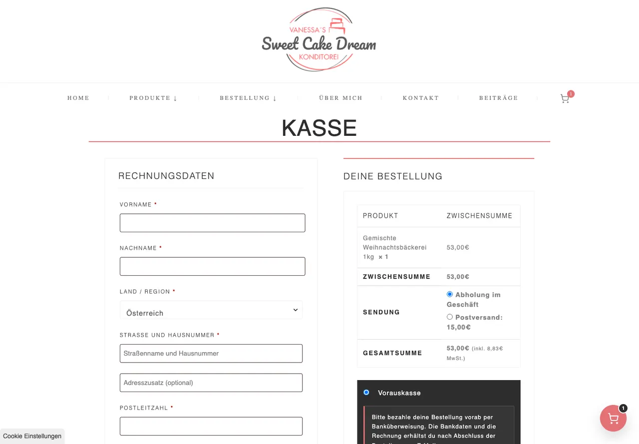 Checkout mit Rechnungsdaten, Bestellübersicht, Versandoptionen und Zahlungsart
