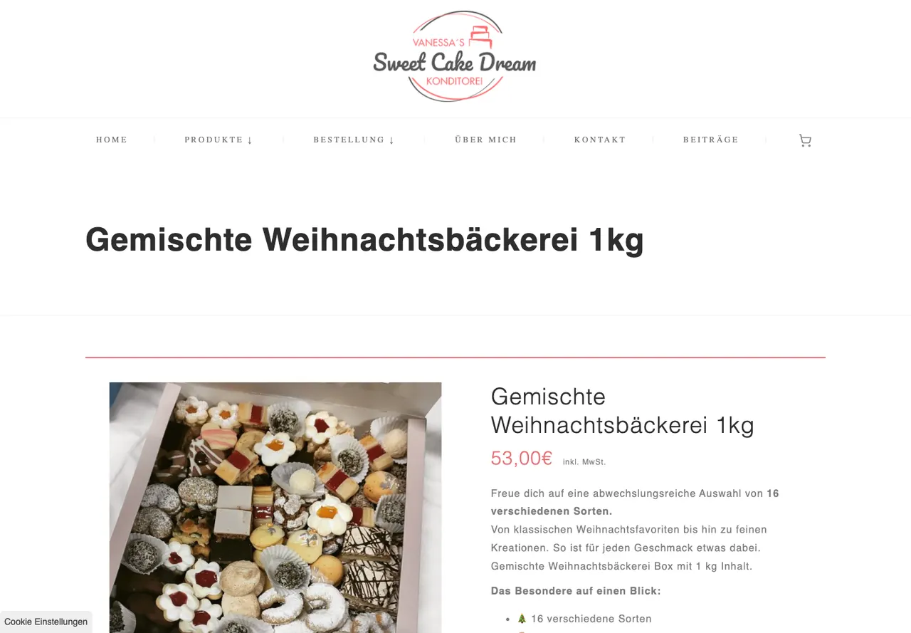 Produktdetail einer gemischten Weihnachtsbäckerei-Box mit Preis und Beschreibung