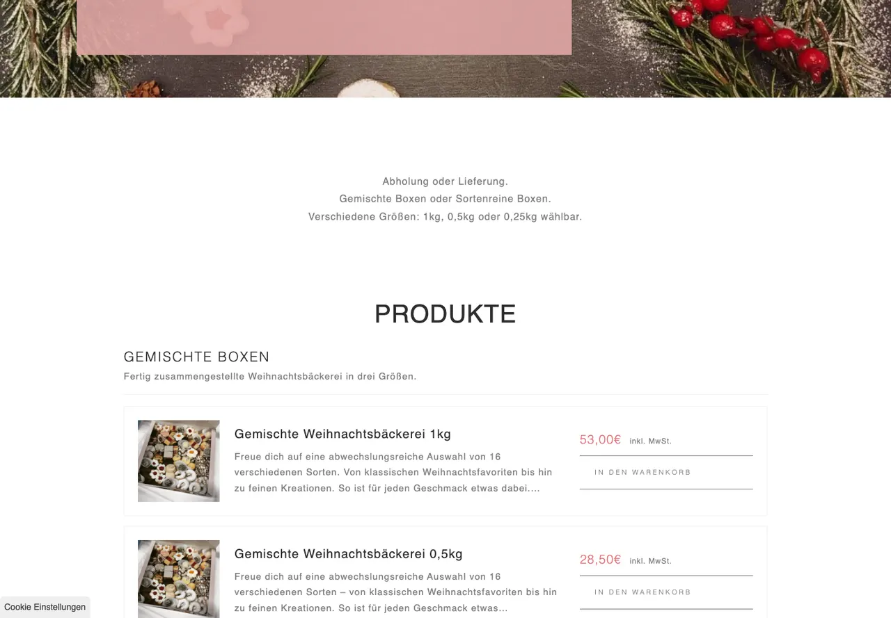 Produktübersicht mit gemischten Weihnachtsbäckerei-Boxen in mehreren Größen