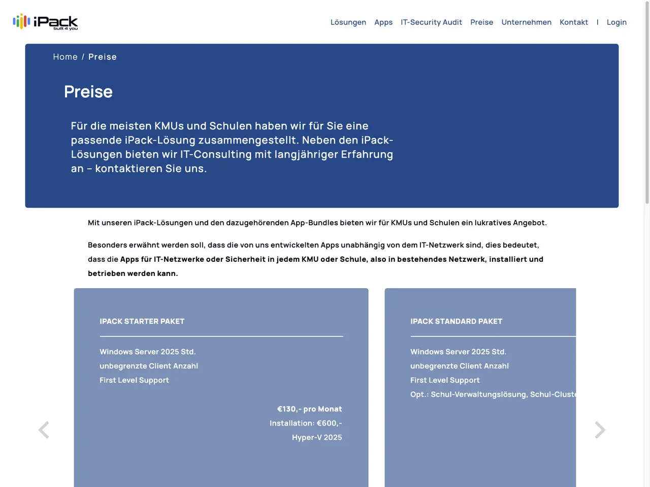 Preisübersicht mit iPack-Starter- und Standard-Paket