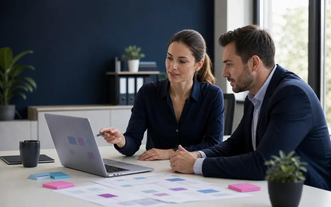 Operations Manager prüft automatisierte Workflows an einem Laptop