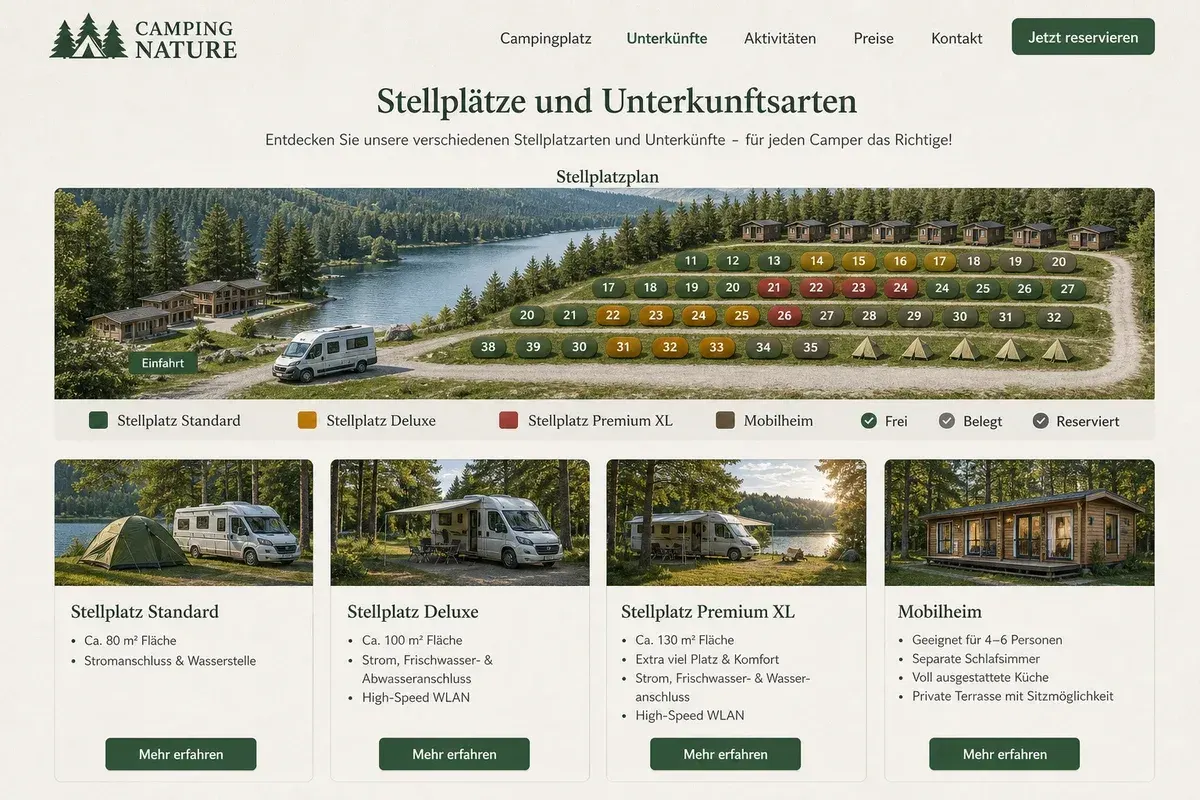 Stellplätze und Unterkunftsarten