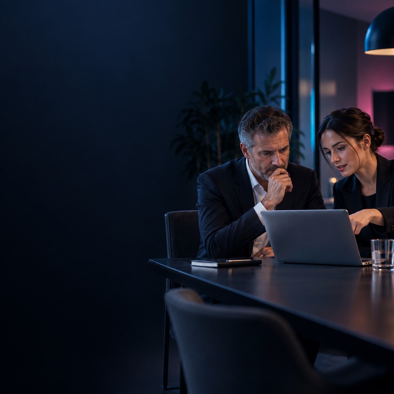 Unternehmer bespricht seine Website mit einer digitalen Beraterin