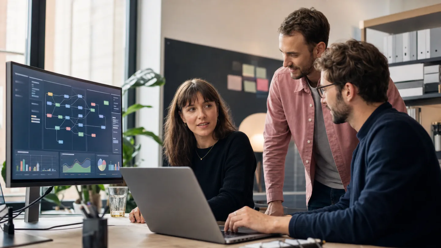 Ein digitales Produktteam bespricht einen automatisierten Ablauf auf mehreren Bildschirmen