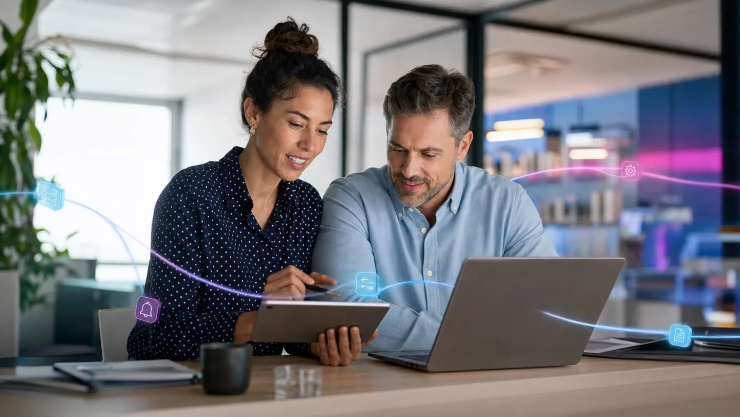 Zwei Personen arbeiten mit verbundenen digitalen Systemen und automatisierten Abläufen