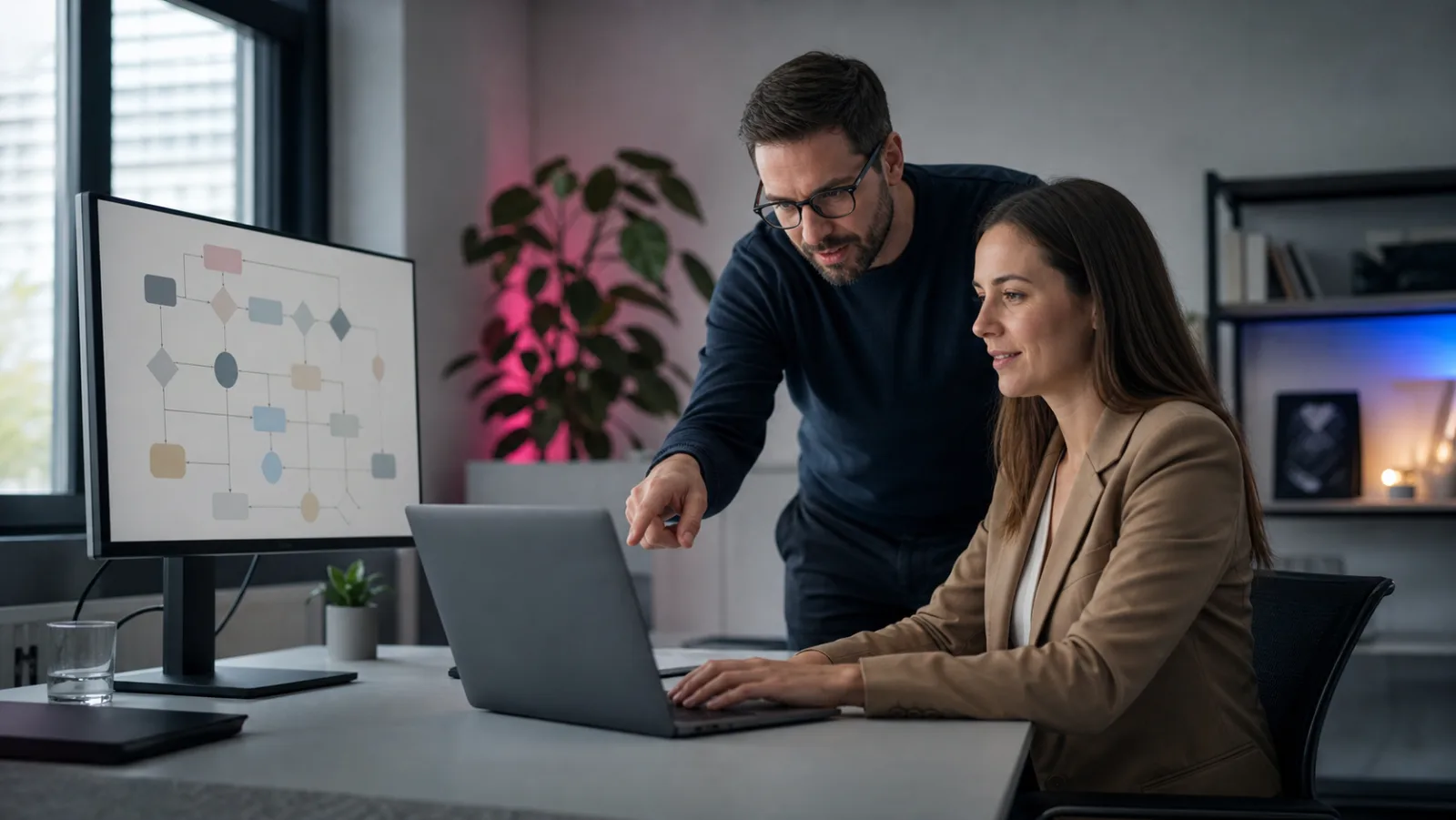 Zwei Personen analysieren gemeinsam einen digitalen Prozess
