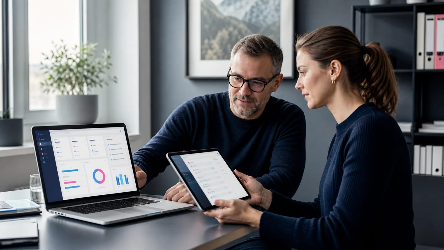 Zwei Personen arbeiten mit einem individuell entwickelten Portal auf Laptop und Tablet