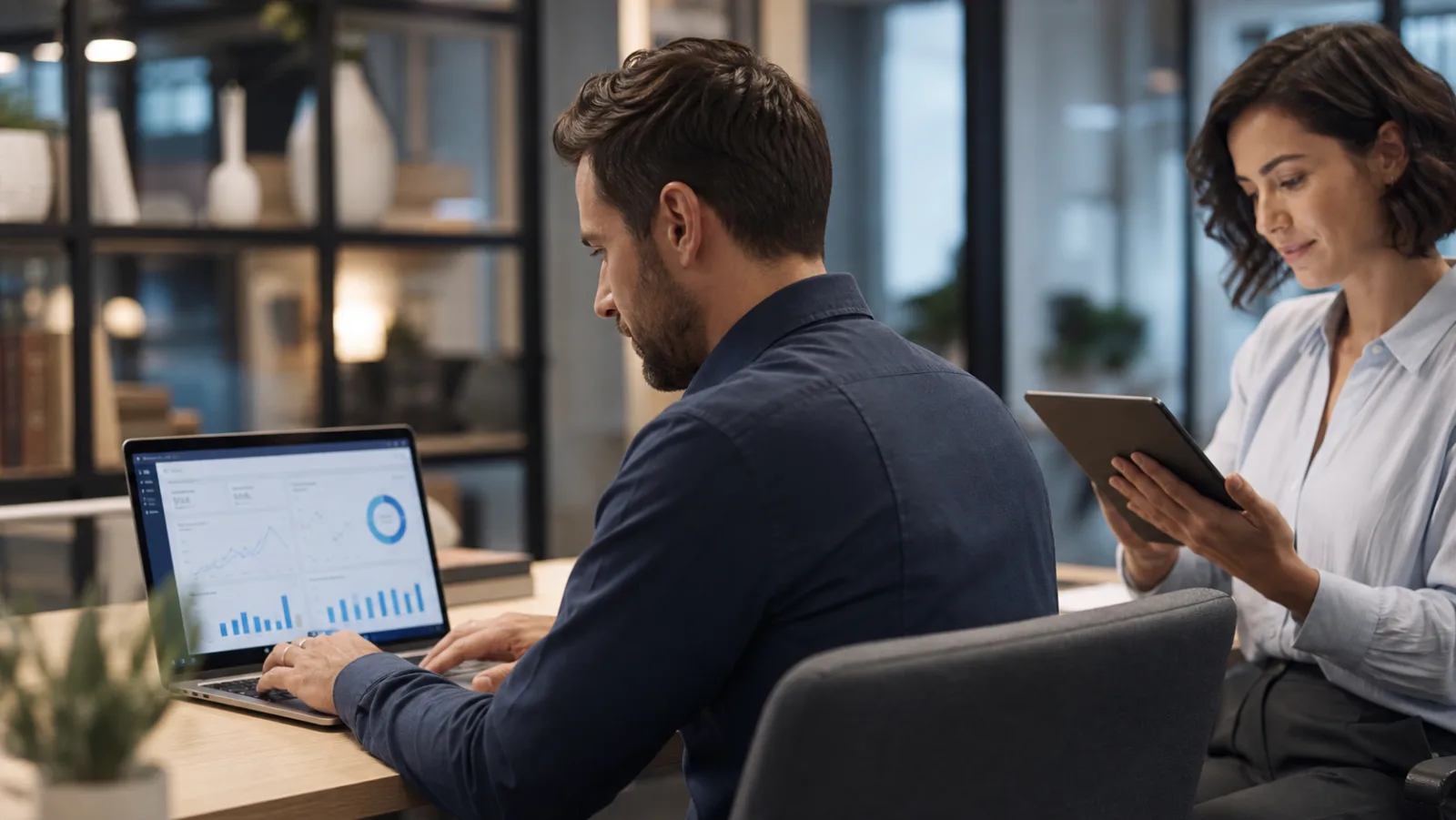 Zwei Personen arbeiten mit einem individuellen Portal und Reporting