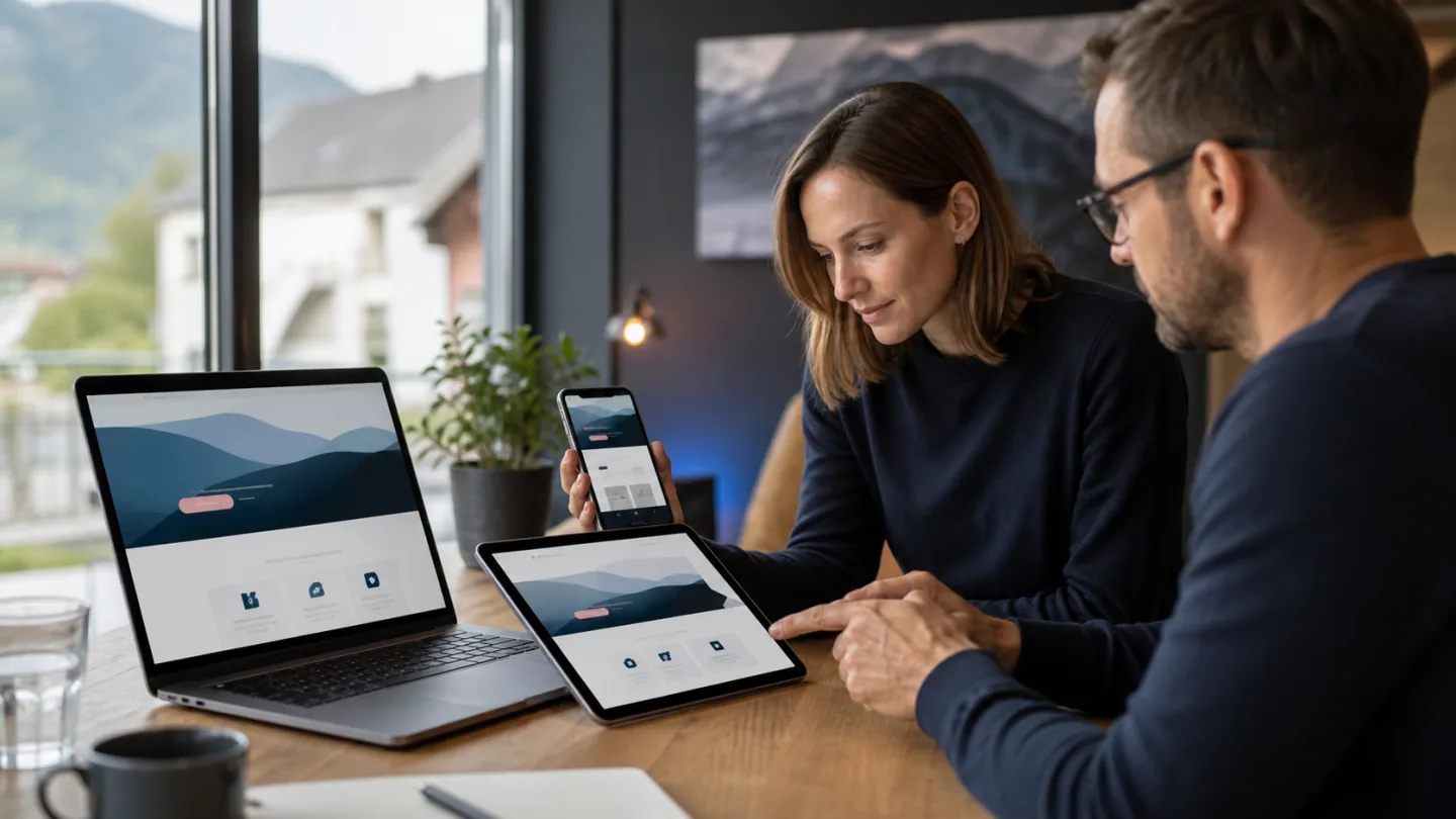 Eine Website wird auf Laptop, Tablet und Smartphone auf ihre responsive Darstellung geprüft