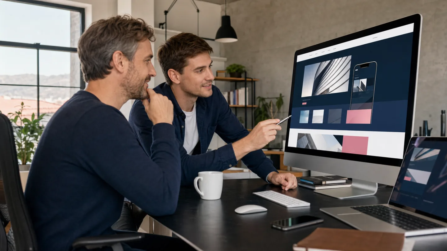 Ein Unternehmer und ein Webdesigner prüfen gemeinsam eine neue professionelle Website